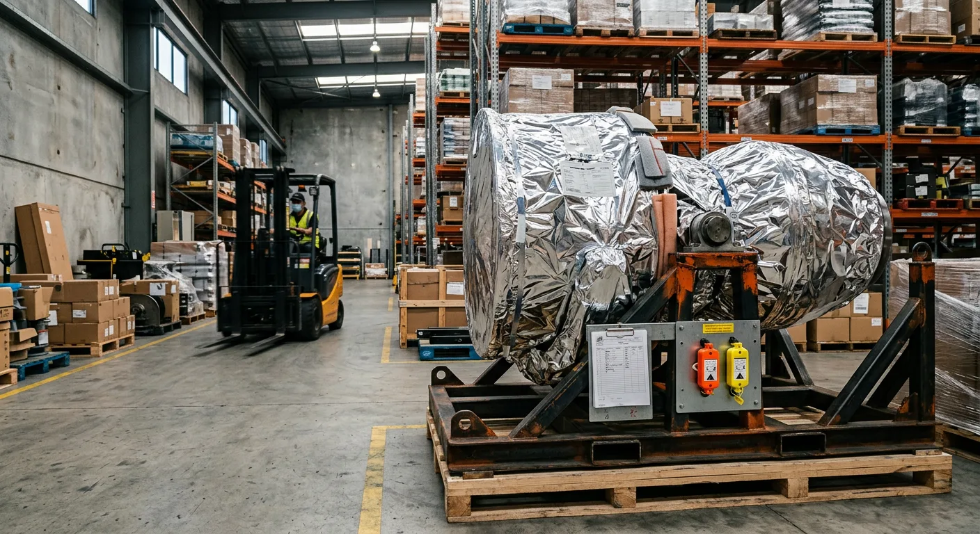 Foil-wrapped aircraft engine on a shipping stand in a logistics warehouse