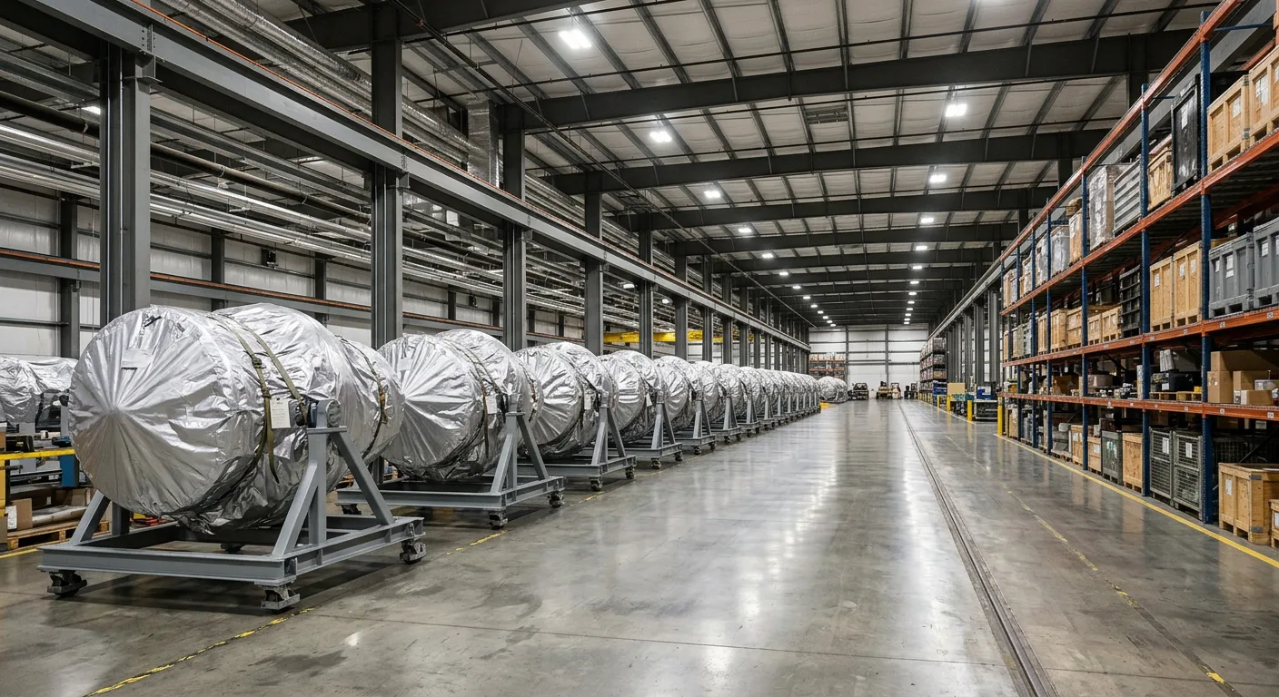 Row of preserved aircraft engines on storage stands in a warehouse