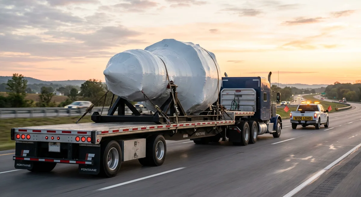 Aircraft engine on an air-ride flatbed trailer at dawn