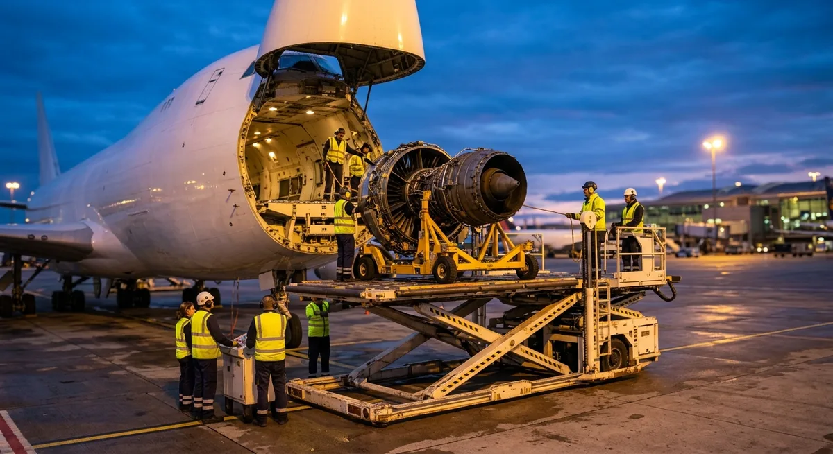 Engine on a wheeled transport stand loaded toward a freighter nose door