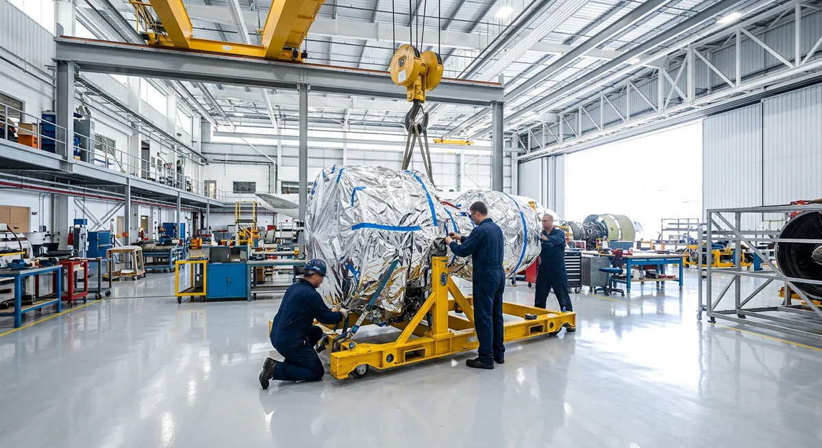 Technicians preparing a wrapped engine on a transport stand in an MRO hangar
