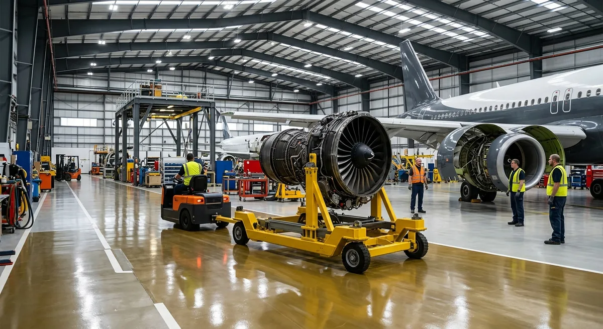 Turbofan engine on a wheeled stand towed through an MRO hangar