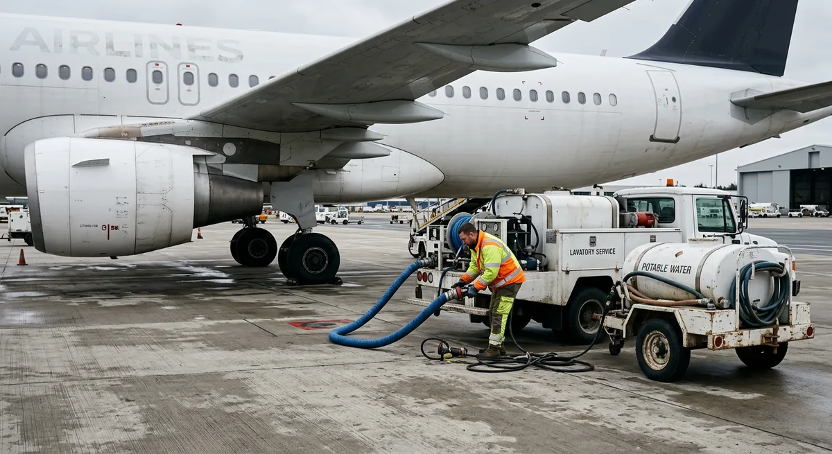 Lavatory and water service vehicles beside a parked aircraft