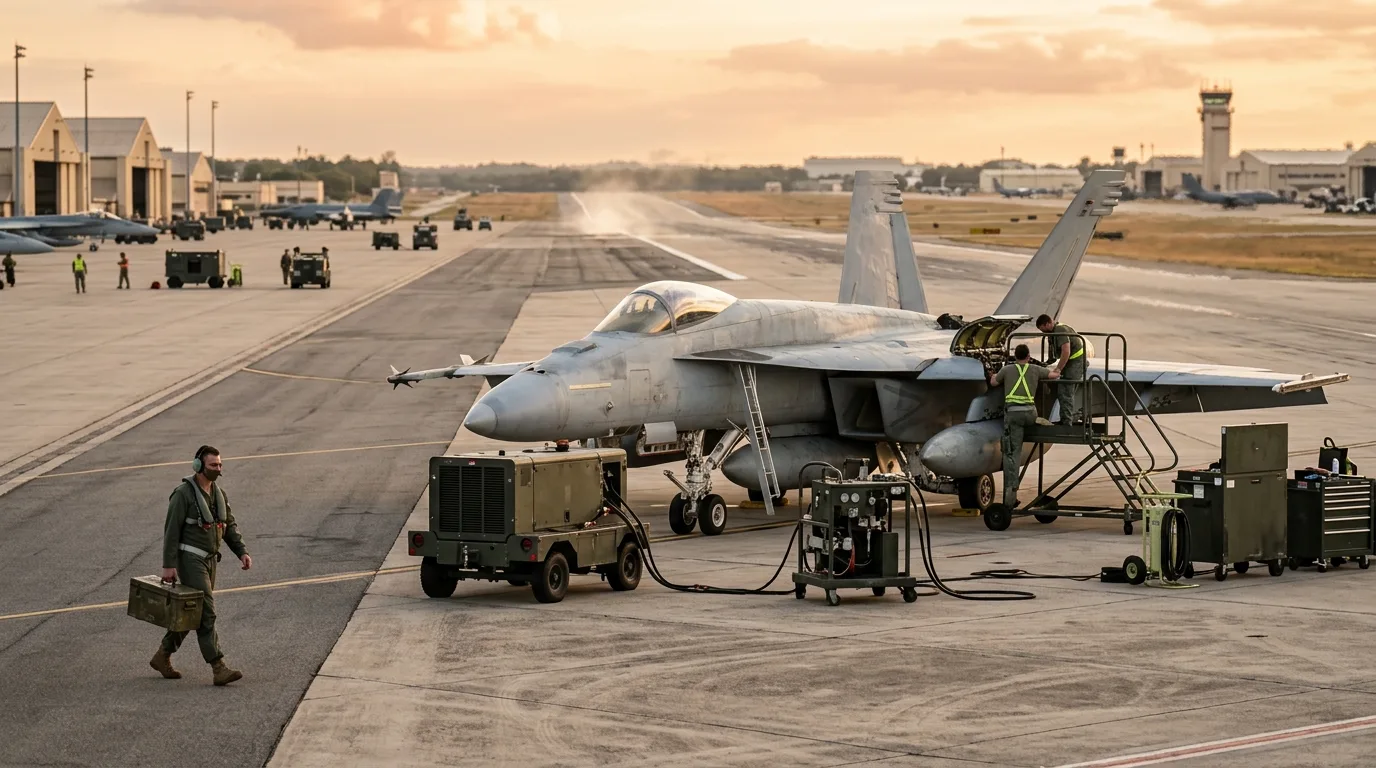Military flightline with ground support equipment around a fighter jet