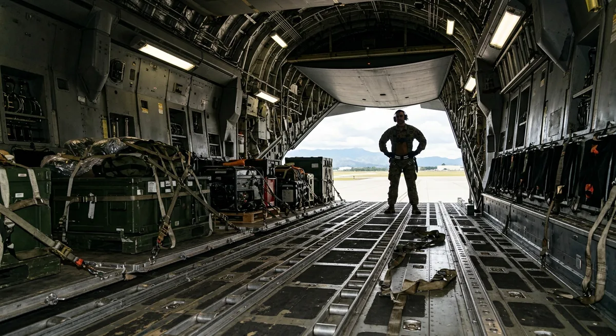Palletized ground support equipment inside a military transport aircraft