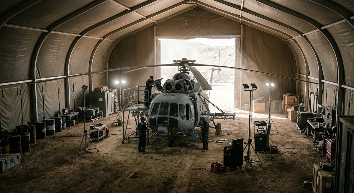 Expeditionary shelter hangar with maintenance stands around a helicopter