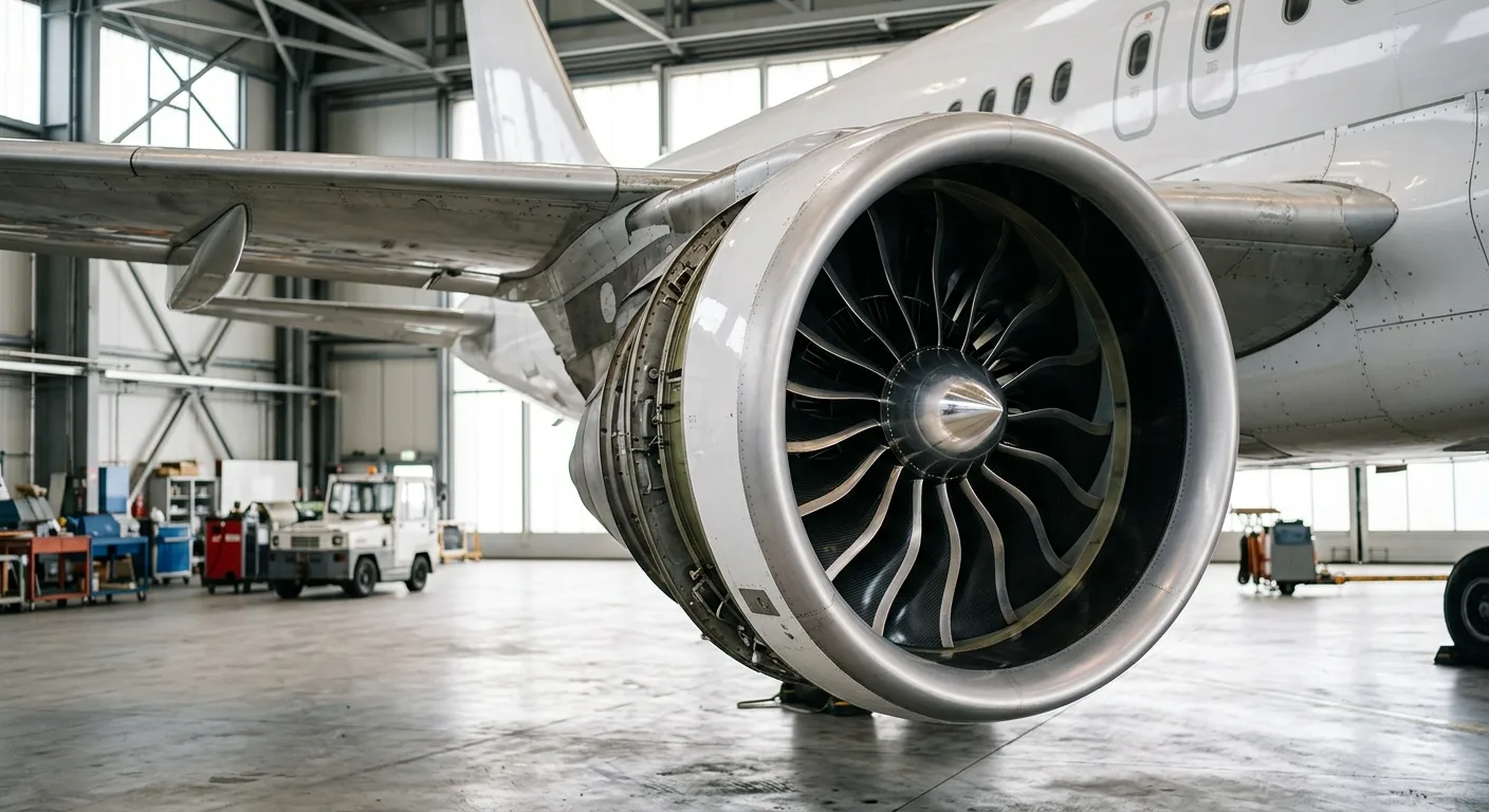 Modern turbofan engine with curved composite fan blades under an aircraft wing