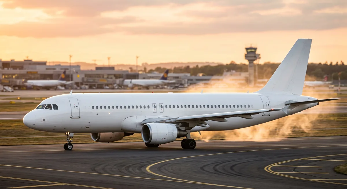 White narrow-body airliner taxiing at golden hour