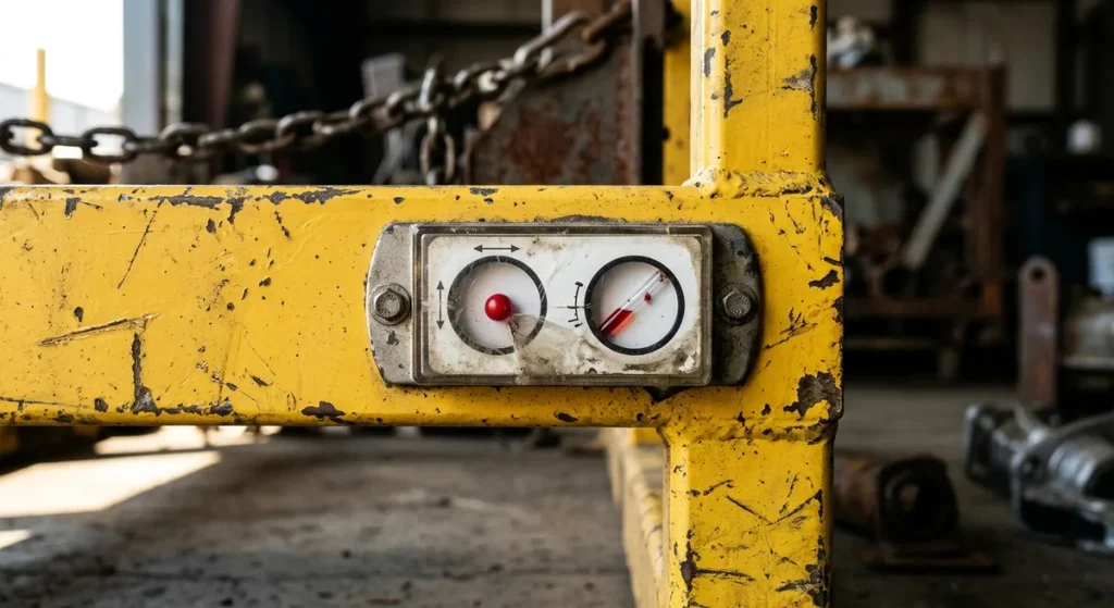 Shock and tilt indicator on an engine shipping stand frame