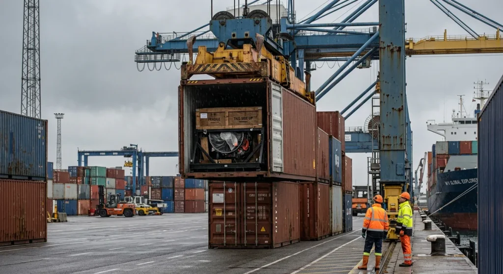 Crated aircraft engine lowered into an open-top container at a port