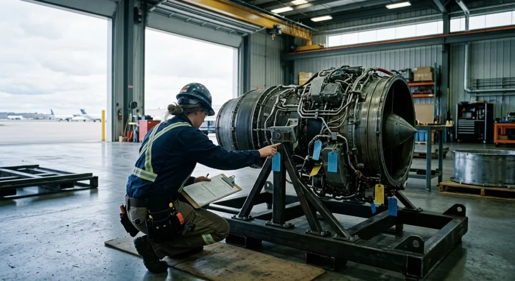 Inspector checking an engine shipping stand after delivery