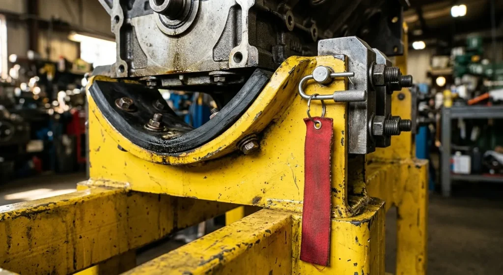 Engine stand cradle saddle with clamps and safety pin
