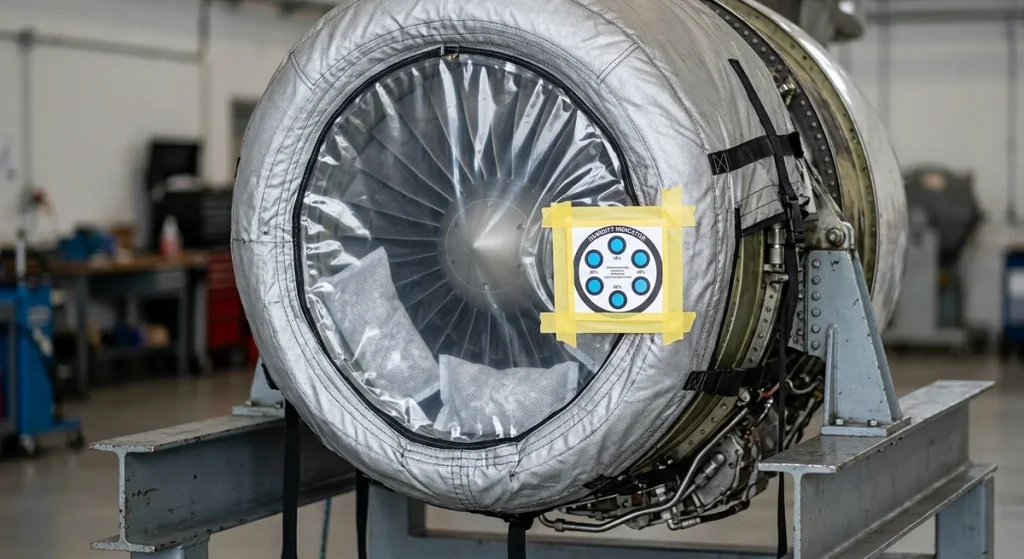 Engine inlet sealed in a barrier bag with humidity indicator card