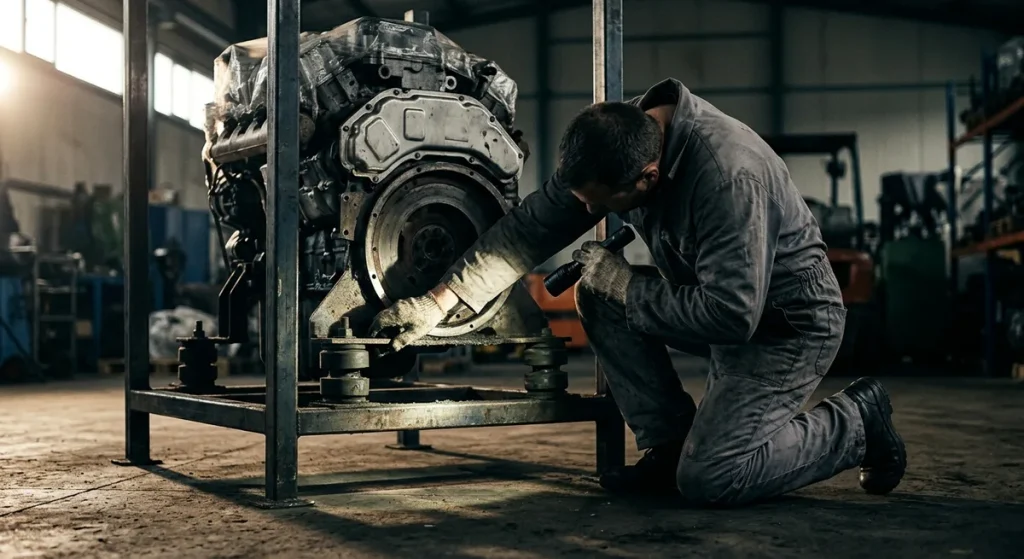 Technician inspecting an engine storage stand frame