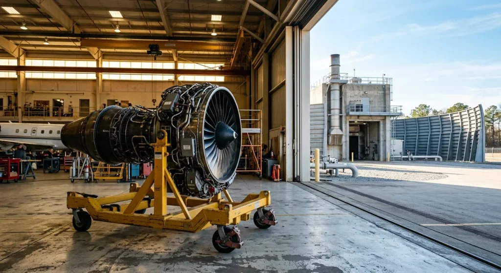 Engine on a transport stand in a hangar with a test cell building beyond