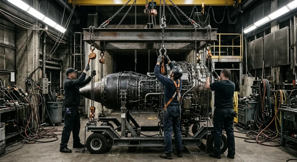 Technicians rigging an engine to a test cell overhead adapter