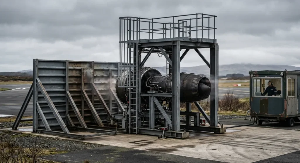 Outdoor engine run-up test stand with blast deflector