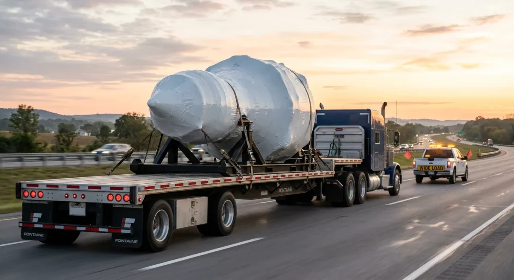 Aircraft engine on an air-ride flatbed trailer at dawn