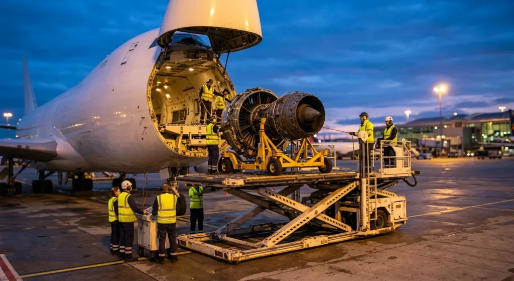 Engine on a wheeled transport stand loaded toward a freighter nose door