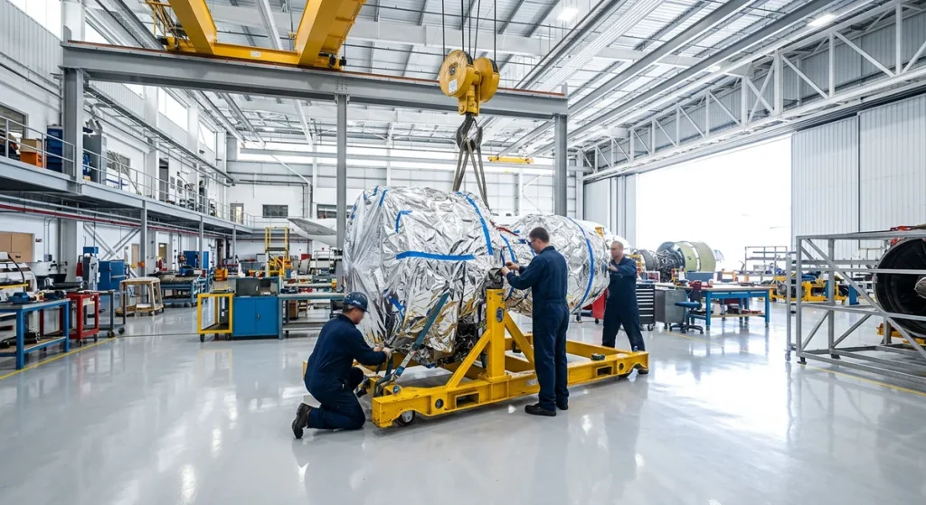Technicians preparing a wrapped engine on a transport stand in an MRO hangar