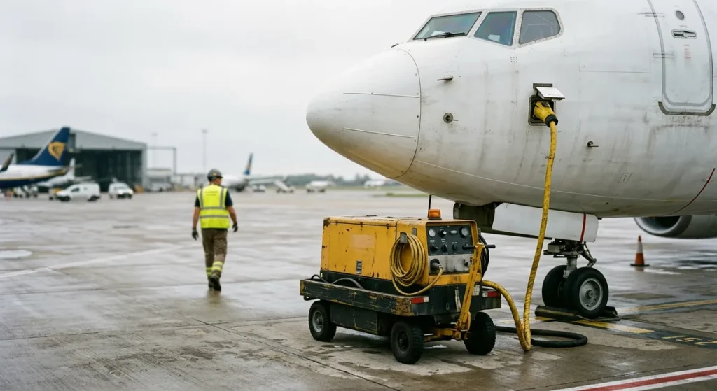 Mobile ground power unit connected to an aircraft