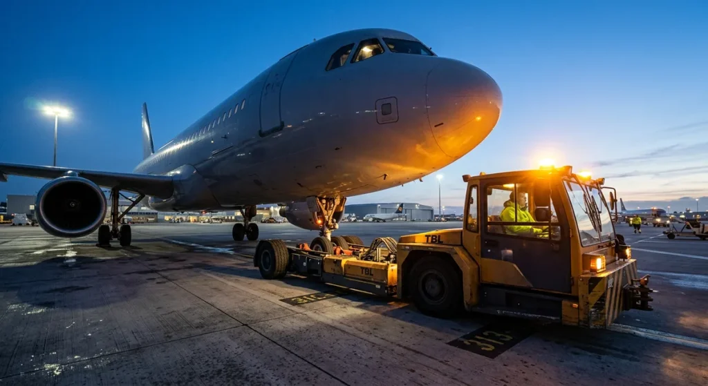 Towbarless pushback tractor gripping a nose wheel at dawn