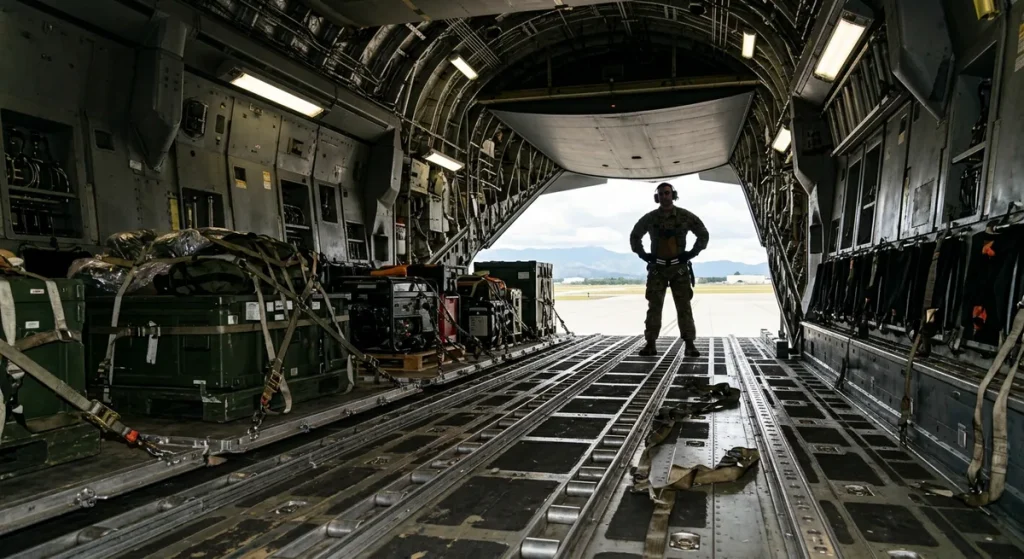 Palletized ground support equipment inside a military transport aircraft