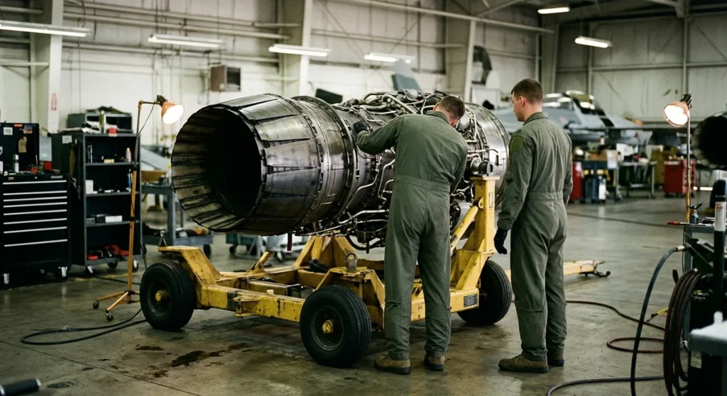 Fighter jet engine on a maintenance trailer in an engine shop