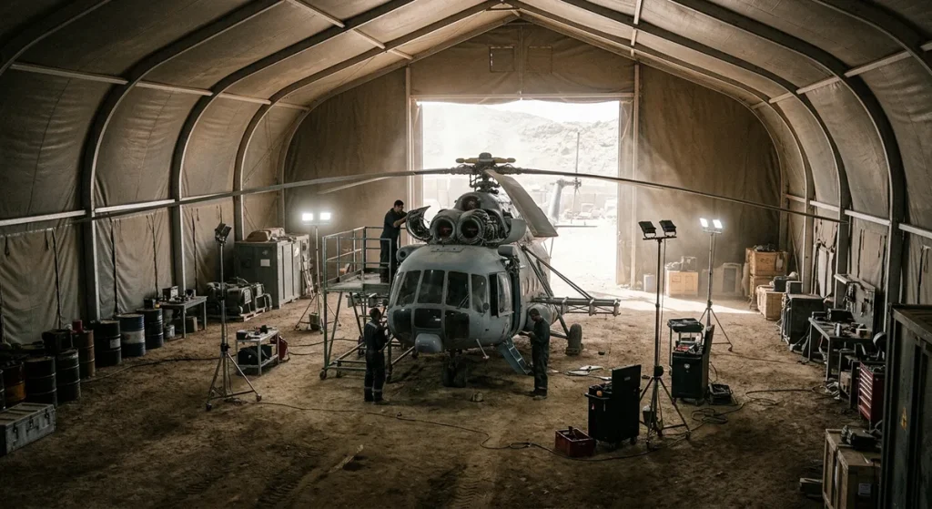 Expeditionary shelter hangar with maintenance stands around a helicopter